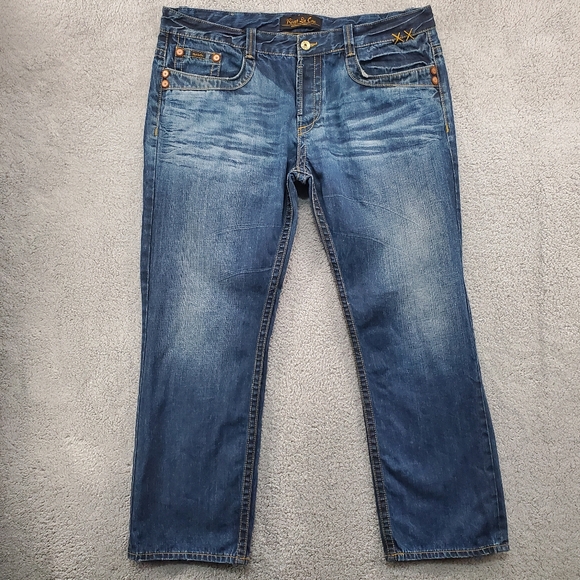 Rivet De Cru Jeans Mens 44x34.5 Flap Pockets Button Fly Blue - Picture 1 of 13